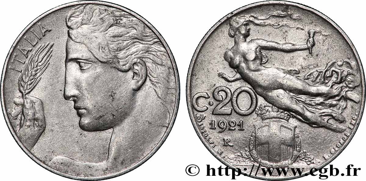 ITALIE 20 Centesimi allégorie de la Liberté 1921 Rome TTB+ 