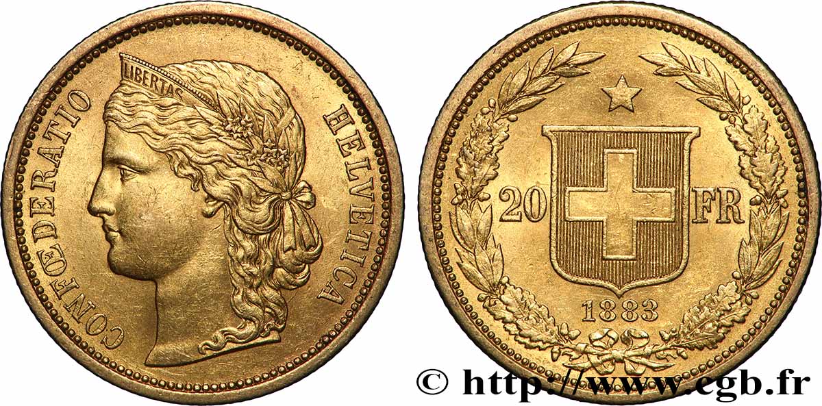 GOLD-, PALLADIUM- UND PLATIN-INVESTITIONEN 20 Francs buste diadémé d&nbsp;Helvetia 1883 Berne VZ 