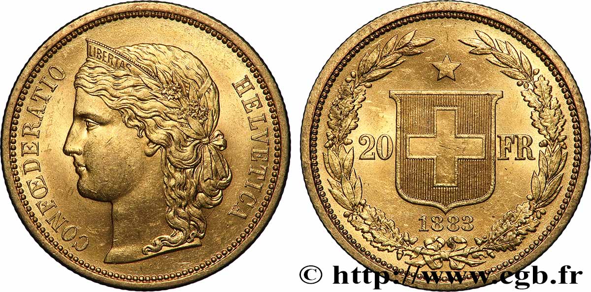 OR, PALLADIUM ET PLATINE INVESTISSEMENT 20 Francs buste diadémé d&nbsp;Helvetia 1883 Berne SUP 