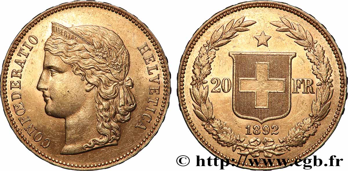 OR, PALLADIUM ET PLATINE INVESTISSEMENT 20 Francs Helvetia 1892 Berne SUP 