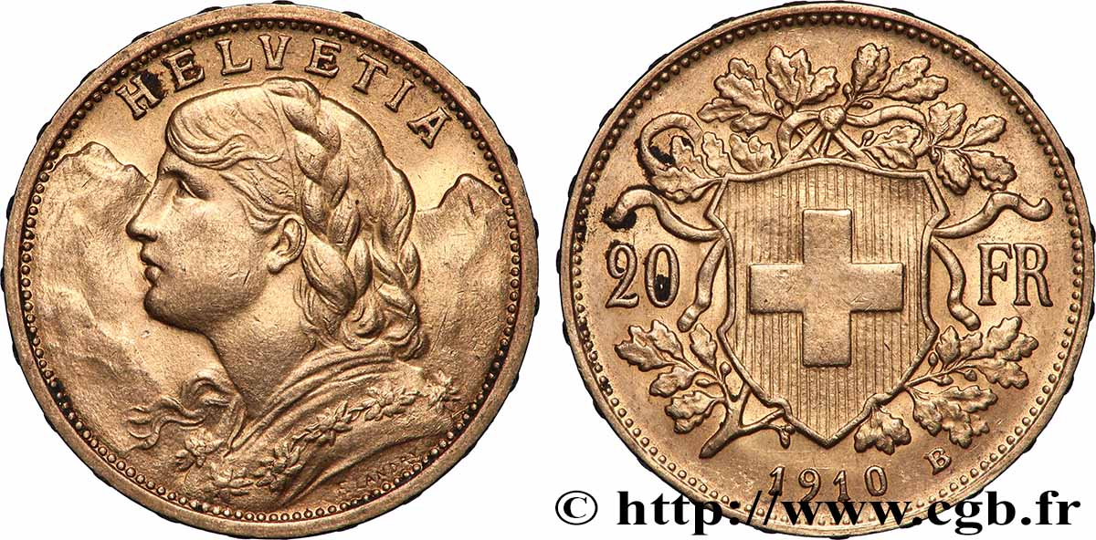 OR, PALLADIUM ET PLATINE INVESTISSEMENT 20 Francs or &nbsp;Vreneli&nbsp;  1910 Berne TTB+ 