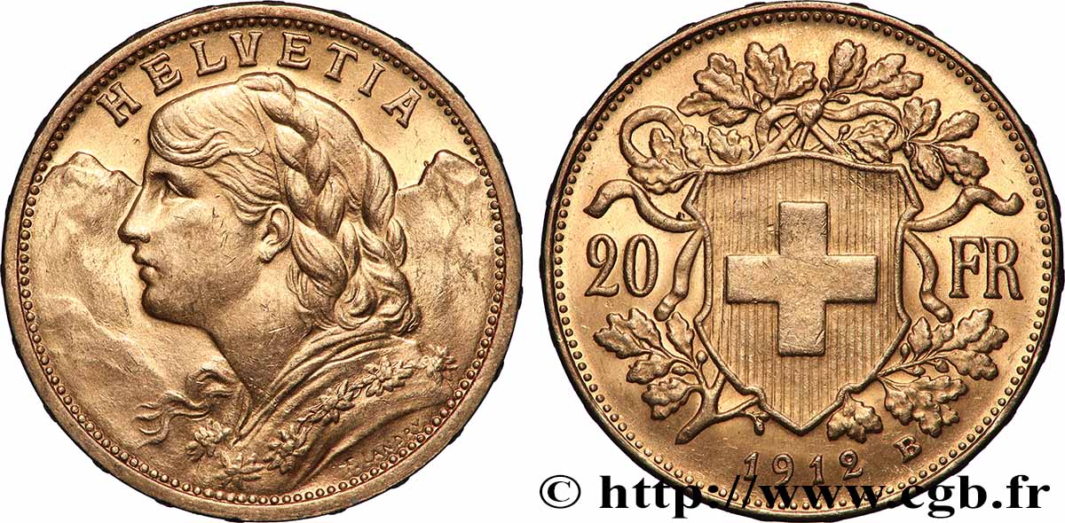 OR, PALLADIUM ET PLATINE INVESTISSEMENT 20 Francs &nbsp;Vreneli&nbsp;  1912 Berne SUP 