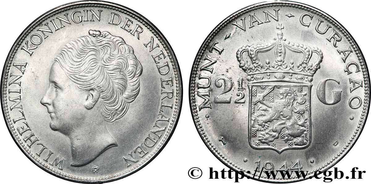 CURACAO 2 1/2 Gulden reine Wilhelmina des Pays Bas 1944 Denver SUP 
