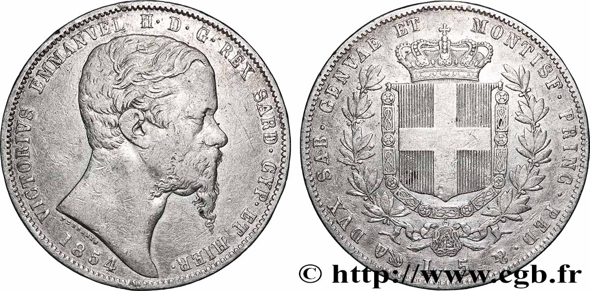 ITALIEN - SARDINIEN KÖNIGREICH - VIKTOR EMMANUEL II. 5 Lire  1854 Gênes SS 