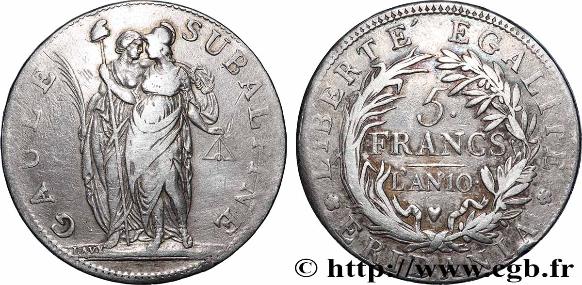 ITALIE - GAULE SUBALPINE 5 Francs an 10 1802 Turin TTB 