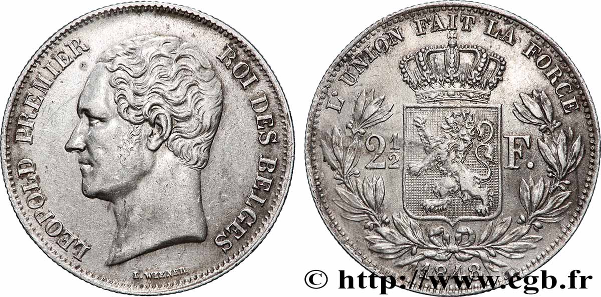 BELGIQUE - ROYAUME DE BELGIQUE - LÉOPOLD Ier 2 1/2 Francs, 2e type, petite tête nue 1848 Bruxelles TTB+ 