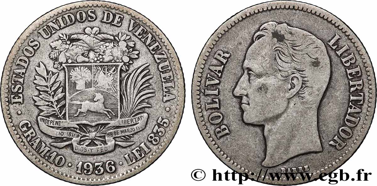 VENEZUELA 2 Bolivares Simon Bolivar 1936 Philadelphie VF 