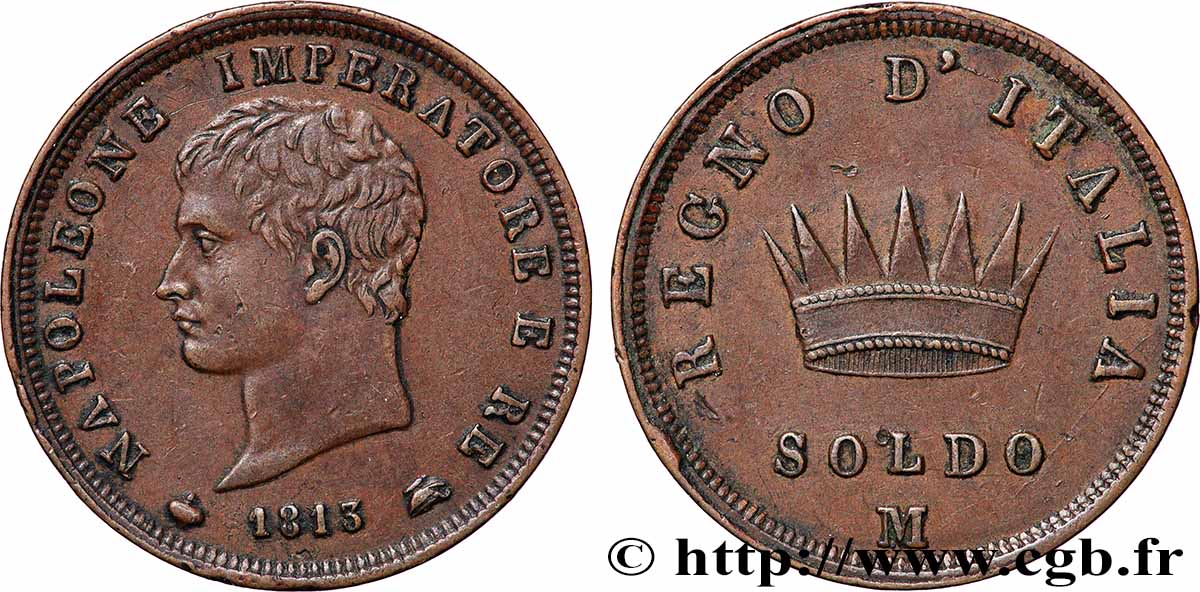 ITALIE - ROYAUME D&nbsp;ITALIE - NAPOLÉON Ier 1 Soldo 1813 Milan TTB+ 