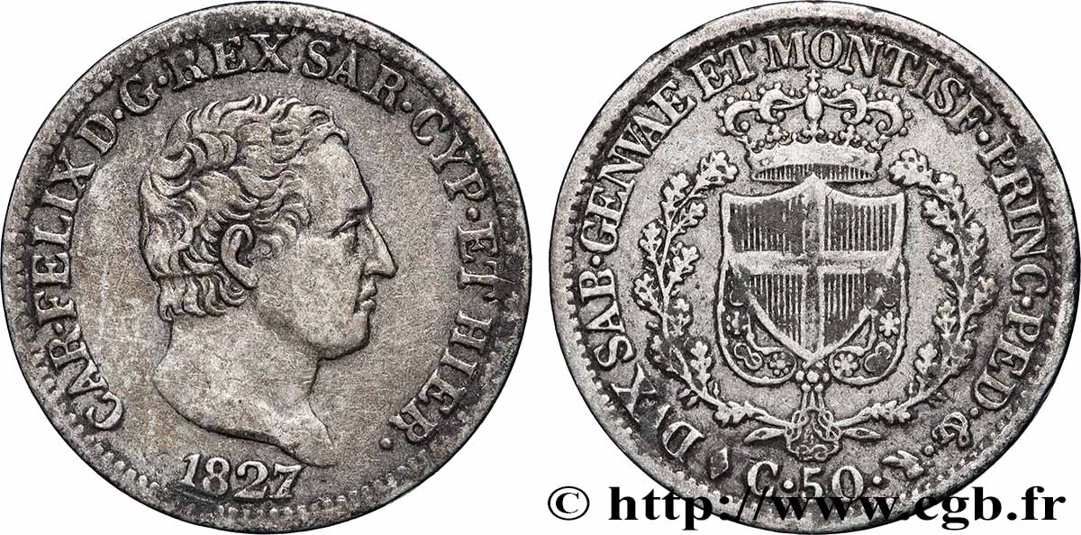 ITALIEN - KÖNIGREICH SARDINIEN -  KARL FELIX 50 Centesimi  1827 Turin SS 