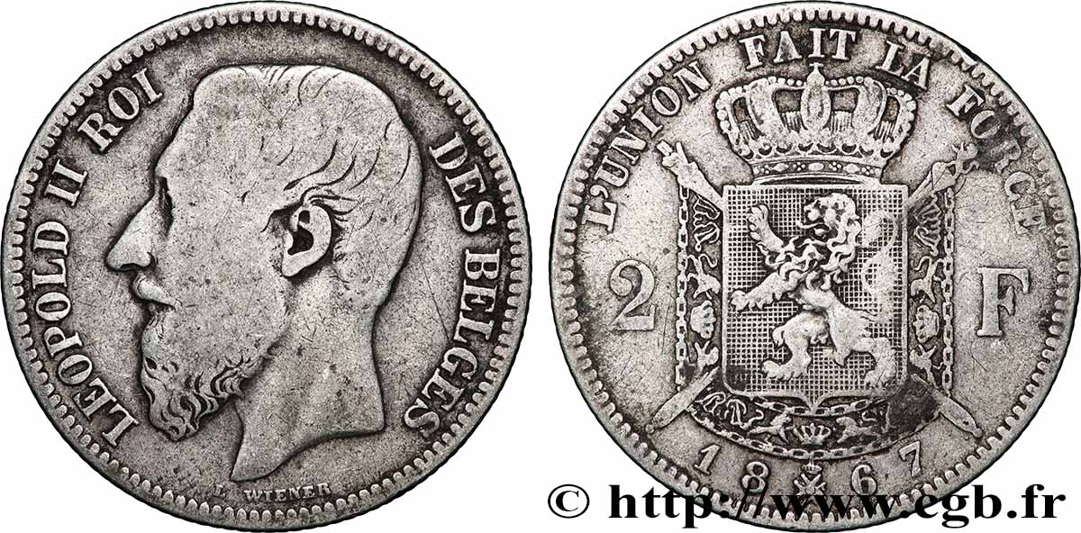 BELGIQUE 2 Francs Léopold II légende française 1867 Bruxelles TB+ 