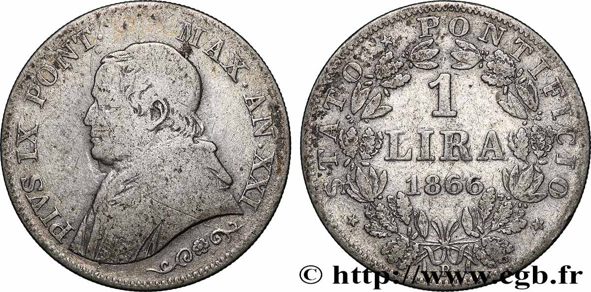 VATICAN AND PAPAL STATES 1 Lire Pie IX type petit buste an XXI 1866 Rome VF 