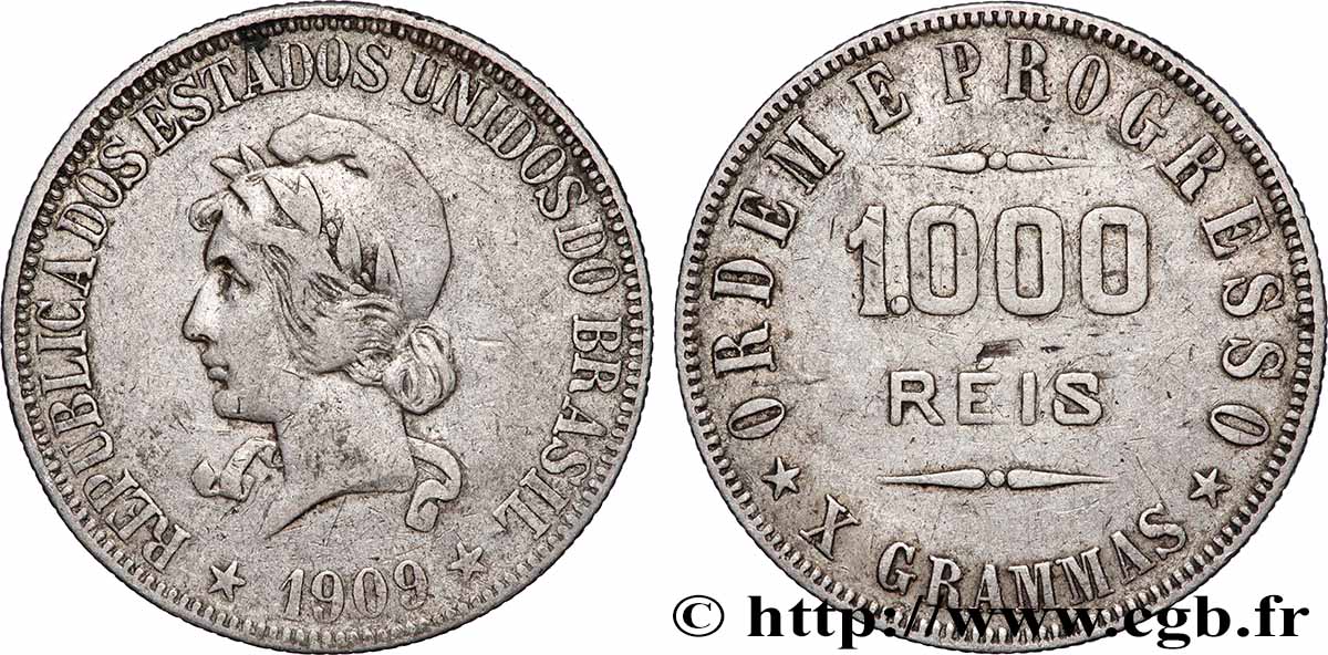 BRAZIL 1000 Reis 1909  XF 