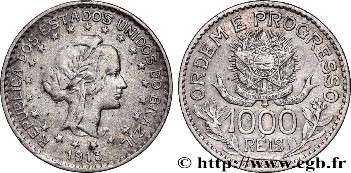 BRAZIL 1000 Reis “Liberté” 1913  XF 