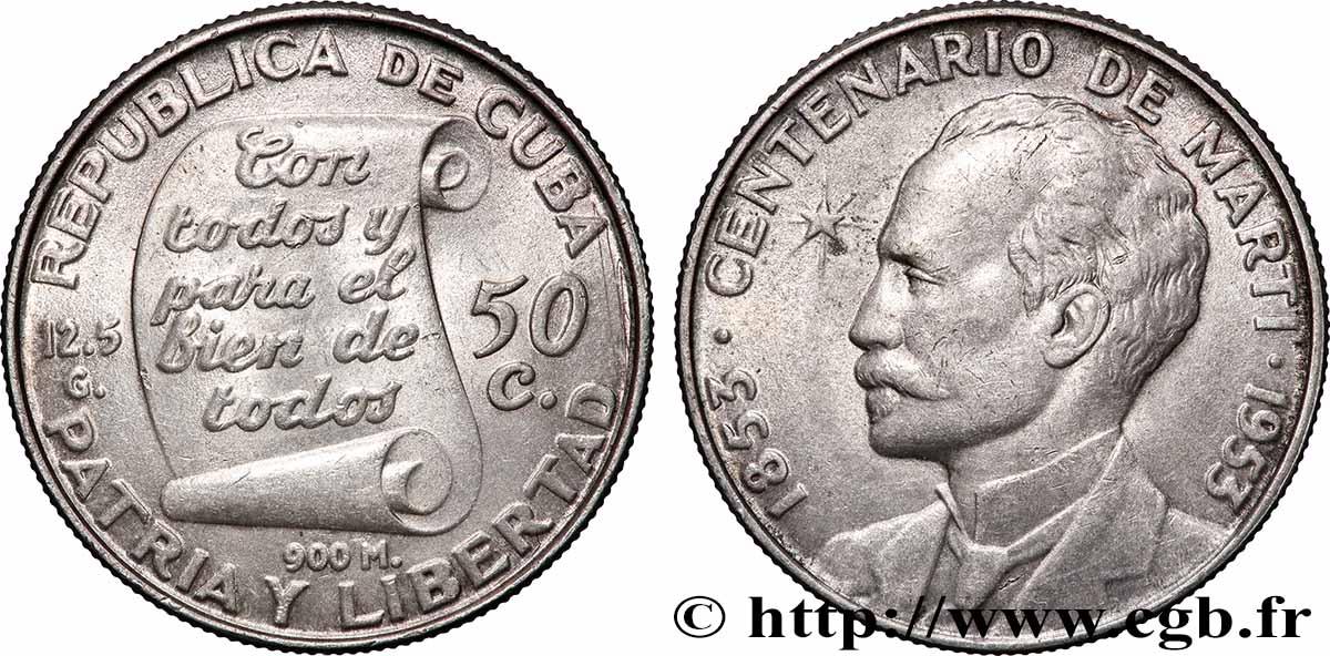 CUBA 50 Centavos centenaire naissance de José Marti 1953  MBC+ 