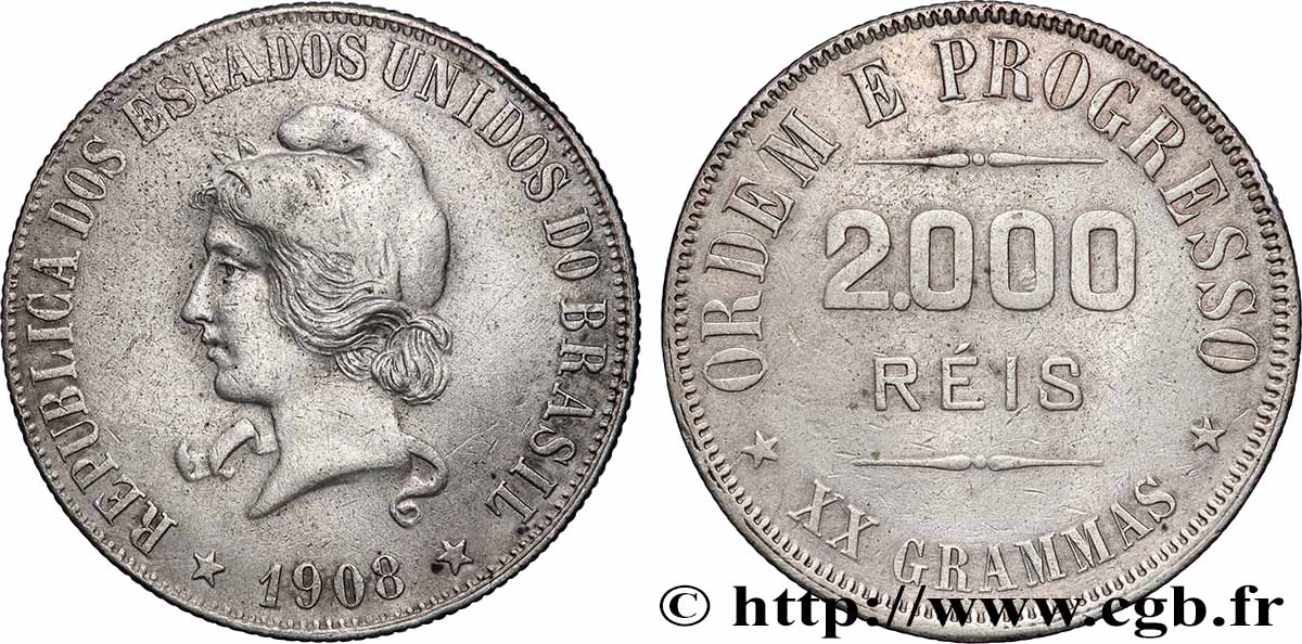 BRAZIL 2000 Reis 1908  XF 