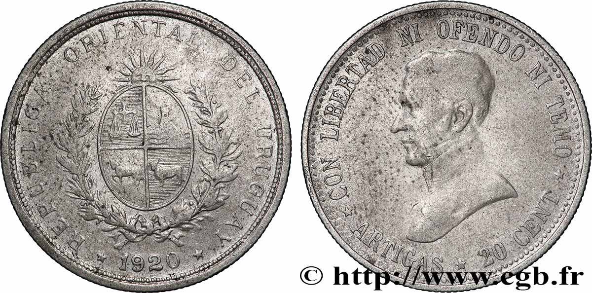 URUGUAY 20 Centesimos Gaucho Jose Gervasio Artigas 1920 Santiago du Chili VF 
