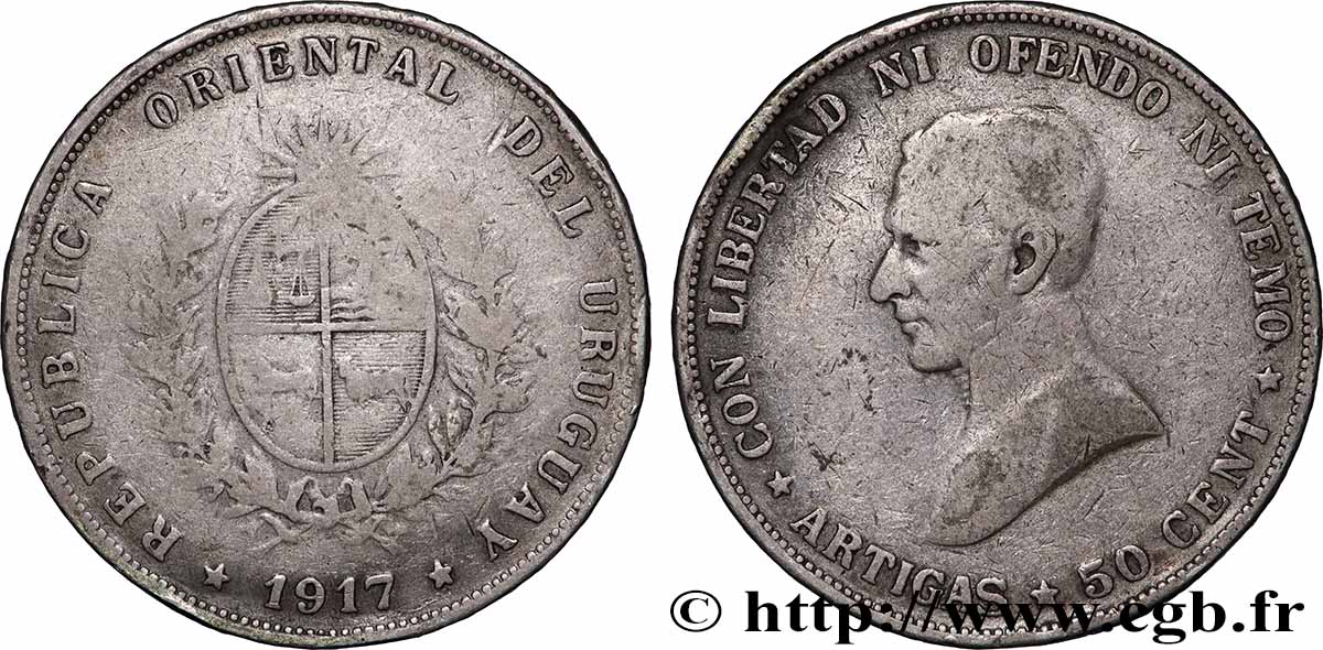 URUGUAY 50 Centimos Gaucho Jose Gervasio Artigas 1917  TB+ 