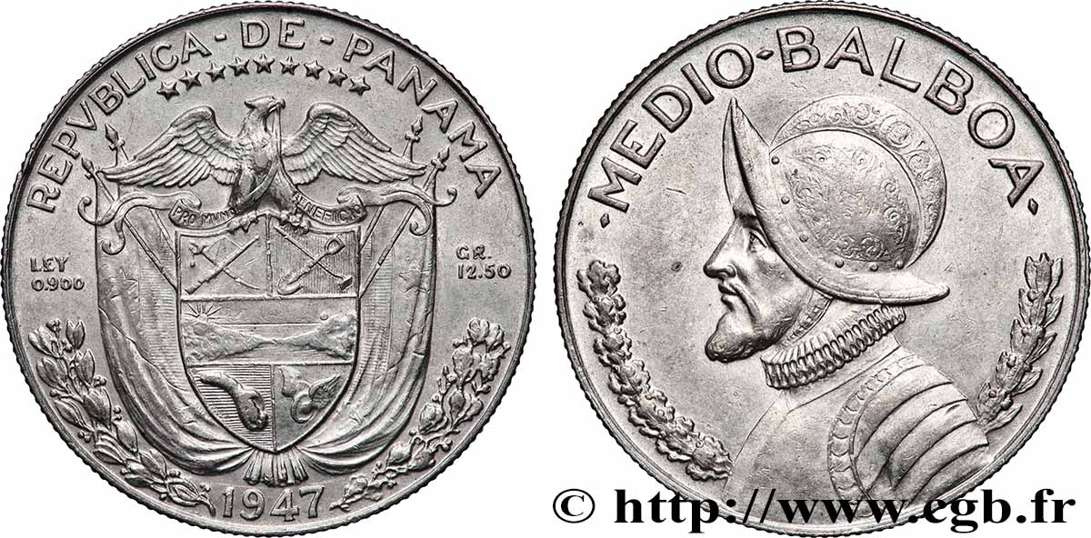 PANAMA 1/2 Balboa Vasco Nunez de Balboa 1947  TTB+ 