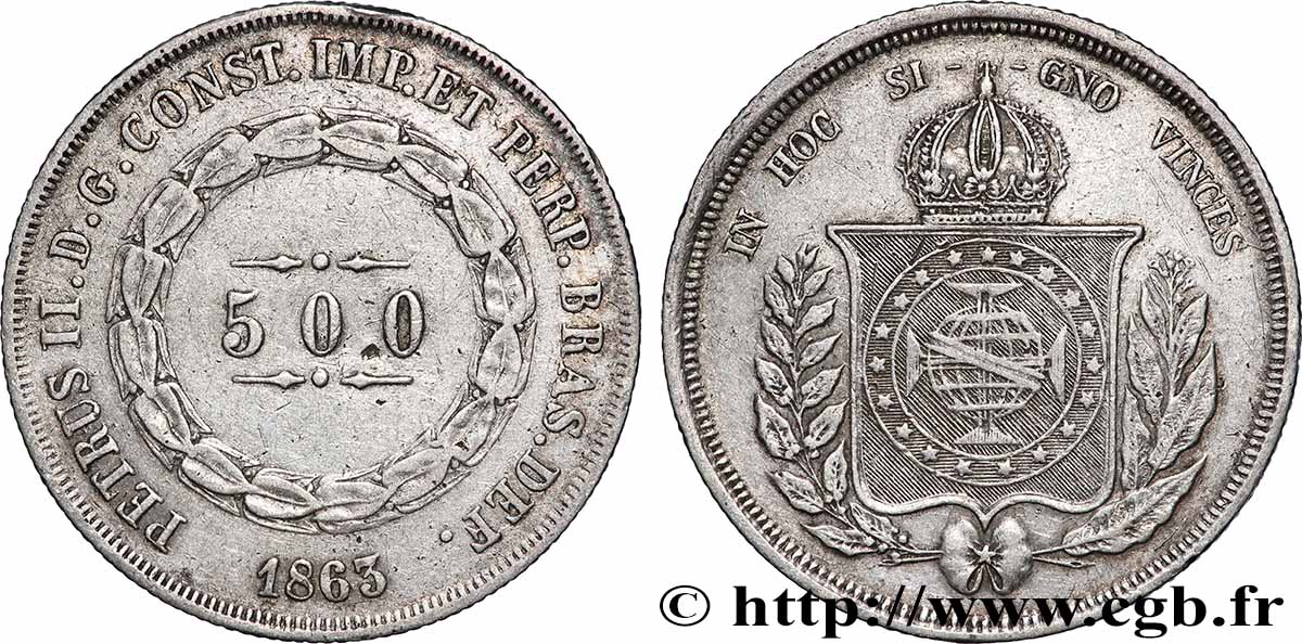 BRAZIL 500 Reis Pierre II 1863  AU 