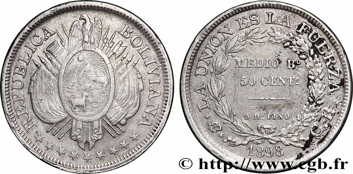 BOLIVIE 50 Centavos (1/2 Boliviano) 1898 Potosi TTB 