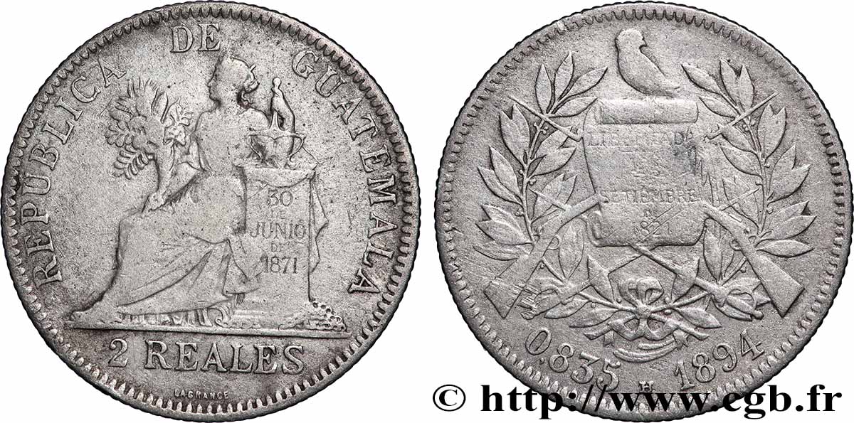 GUATEMALA 2 Reales 1894 Heaton VF 