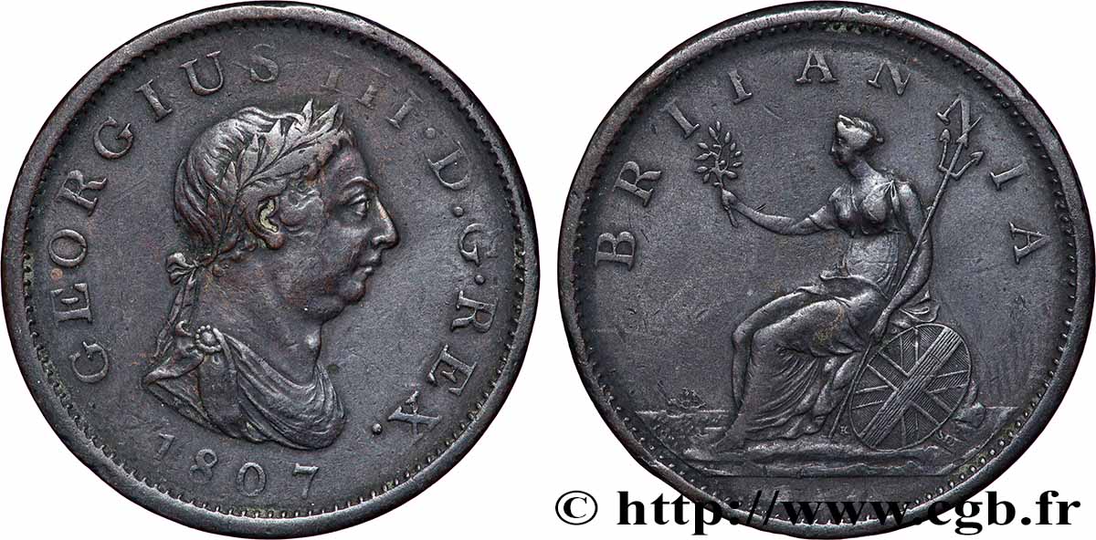 ROYAUME-UNI 1 Penny Georges III tête laurée 1807 Londres TTB 