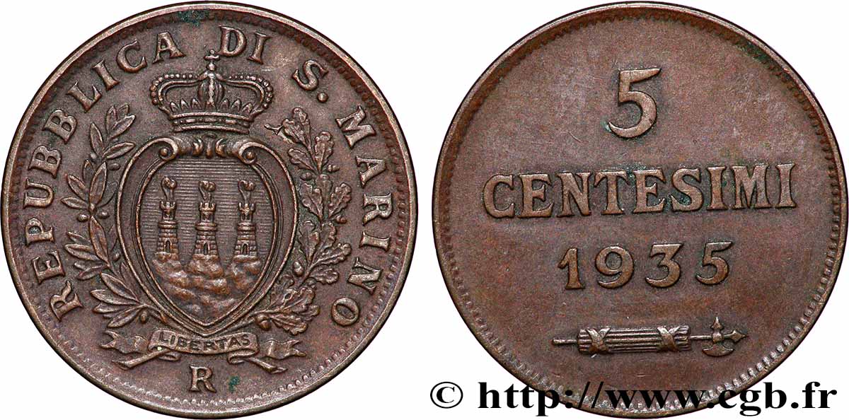 SAINT-MARIN 5 Centesimi écu aux trois tours 1935 Rome - R TTB+ 
