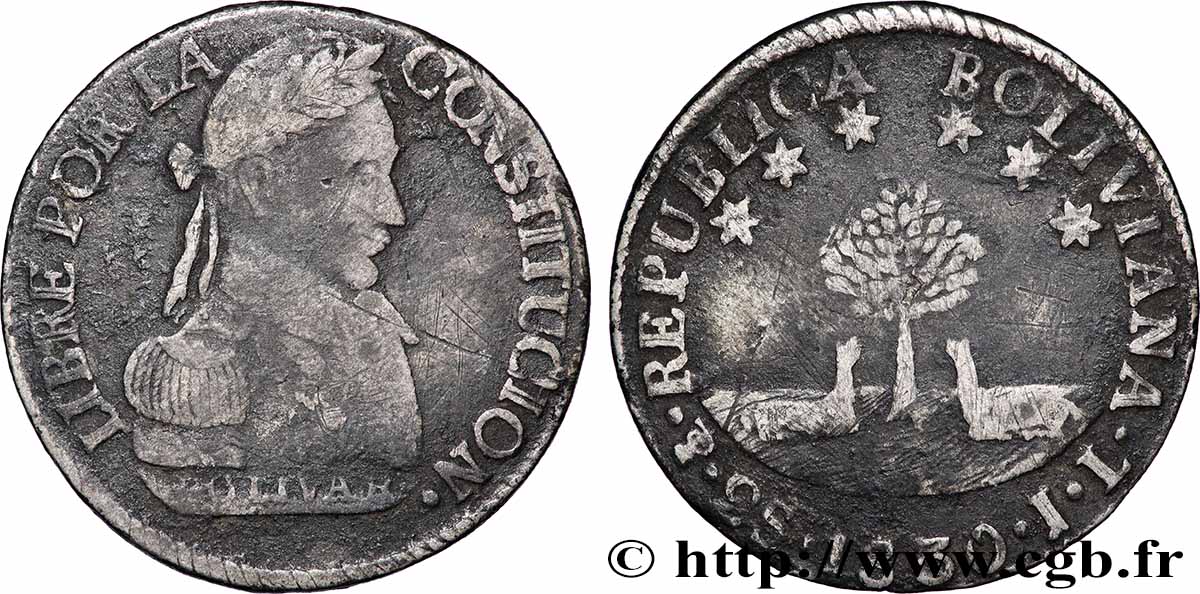 BOLIVIA 2 Soles Simon Bolivar 1830 Potosi VF 