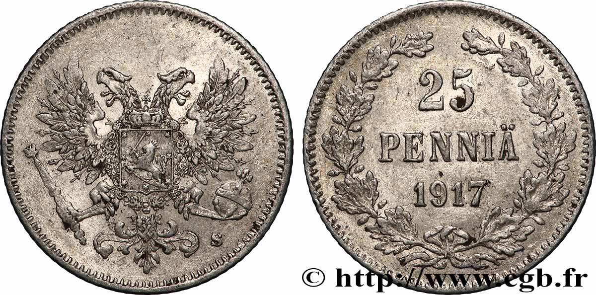 FINNLAND 25 Pennia aigle bicéphale type à l’aigle sans couronne du gouvernement Kerenski 1917 Helsinki VZ 