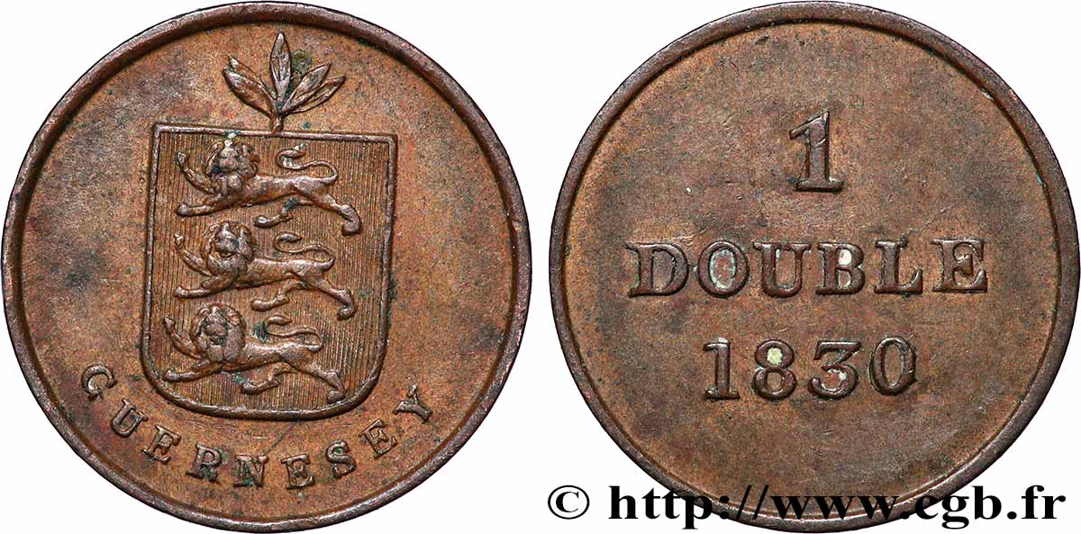 GUERNESEY 1 Double armes du baillage de Guernesey 1830  TTB+ 