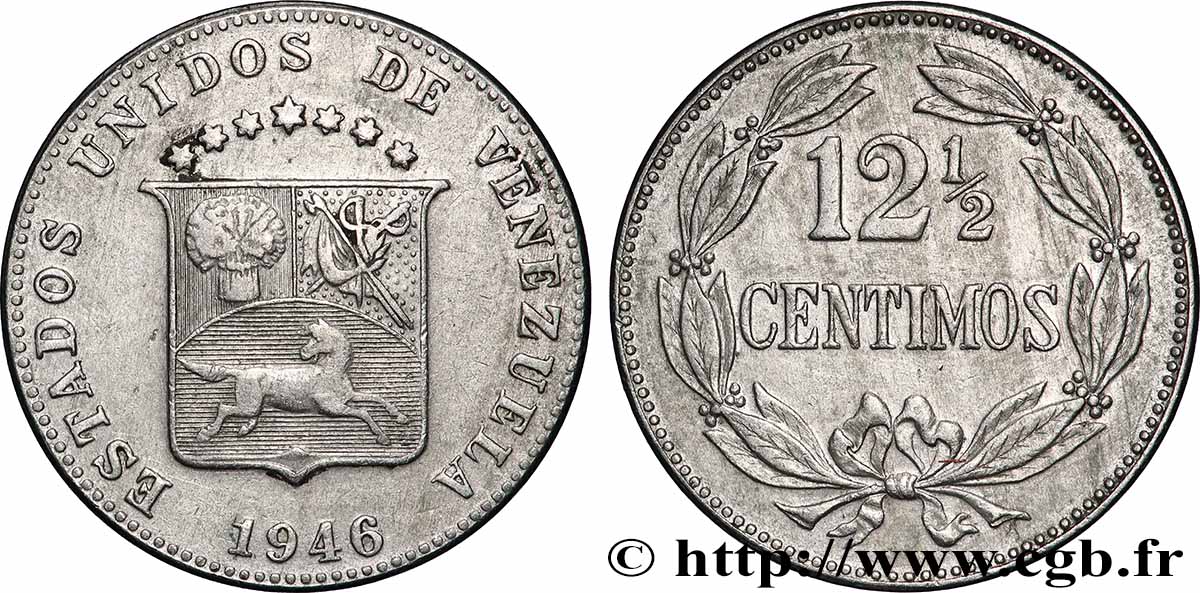 VENEZUELA 12 1/2 Centimos emblème, États Unis du Vénézuela 1946 Philadelphie XF 
