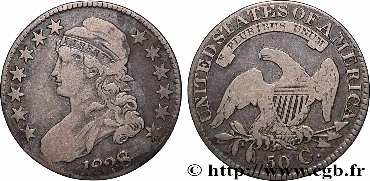 ÉTATS-UNIS D&nbsp;AMÉRIQUE 50 Cents (1/2 Dollar) type “Capped Bust” 1828 Philadelphie TB+ 