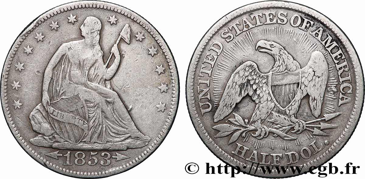 ÉTATS-UNIS D&nbsp;AMÉRIQUE 1/2 Dollar type Liberté assise 1853 Philadelphie TB+ 