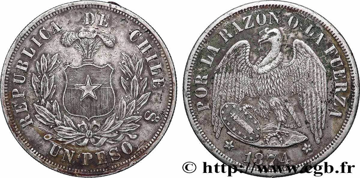 CHILE 1 Peso condor 1874 Santiago  AU 