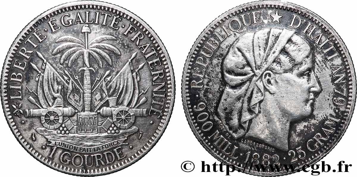 HAÏTI 1 Gourde “Liberté créole” de Roty 1882 Paris TTB+ 