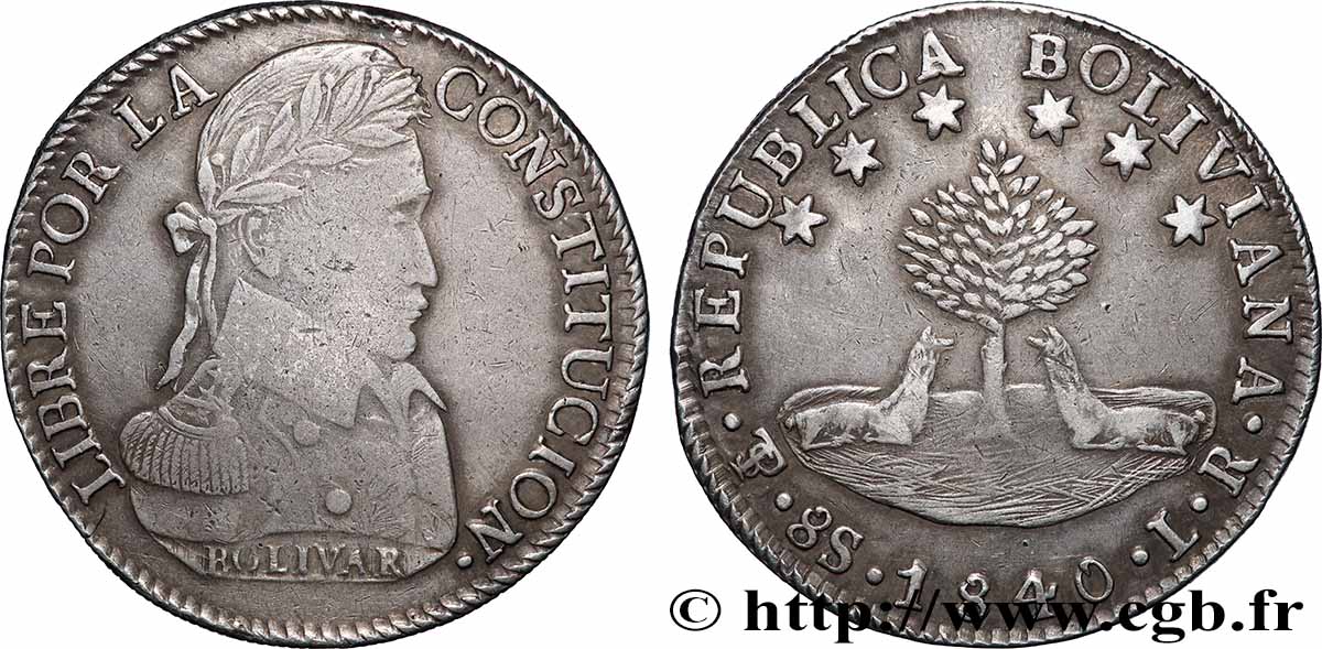 BOLIVIE 8 Soles deux lamas couchés à gauche devant un arbre / buste lauré à droite en habit militaire de Simon Bolivar 1840 Potosi TTB+ 