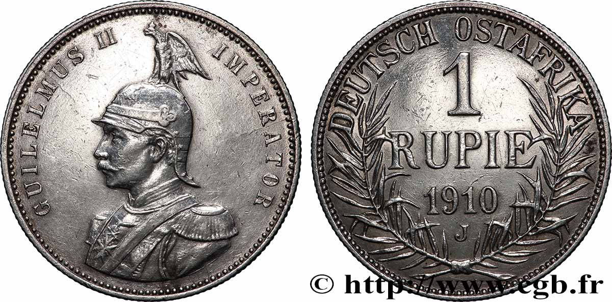 AFRIQUE ORIENTALE ALLEMANDE 1 Rupie (Roupie) Guillaume II Deutsch-Ostafrica 1910 Hambourg TTB+ 