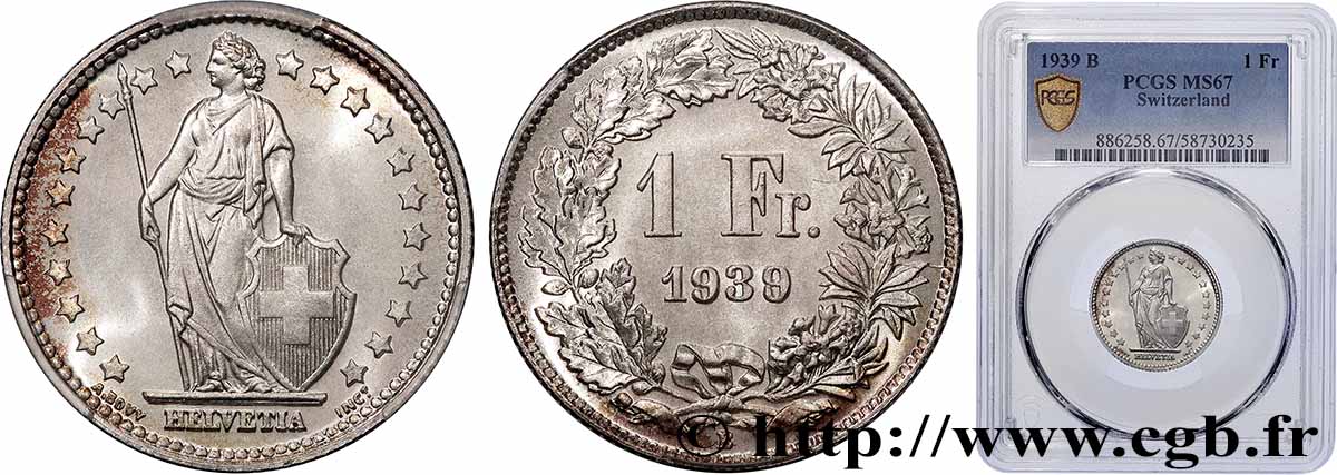 SWITZERLAND 1 Franc Helvetia 1939 Berne MS67 PCGS