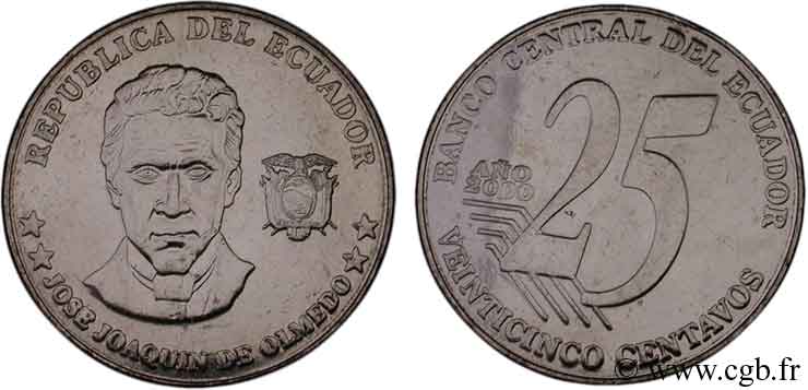 ECUADOR 25 Centavos Jose Joaquim de Olmedo 2000  MS 