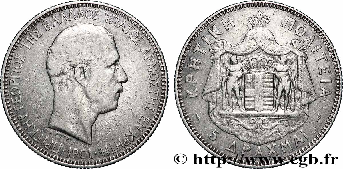 PRINCIPAUTÉ DE CRÈTE - GEORGES Ier DE GRÈCE 5 Drachmes 1901 Paris TB+ 