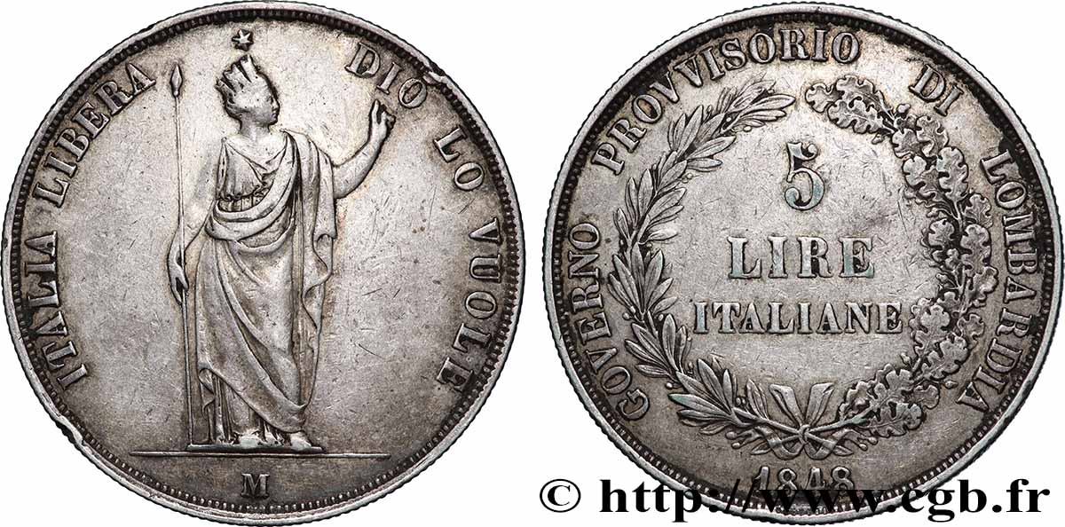 ITALIA - LOMBARDIA 5 Lire Gouvernement provisoire de Lombardie 1848 Milan BB 