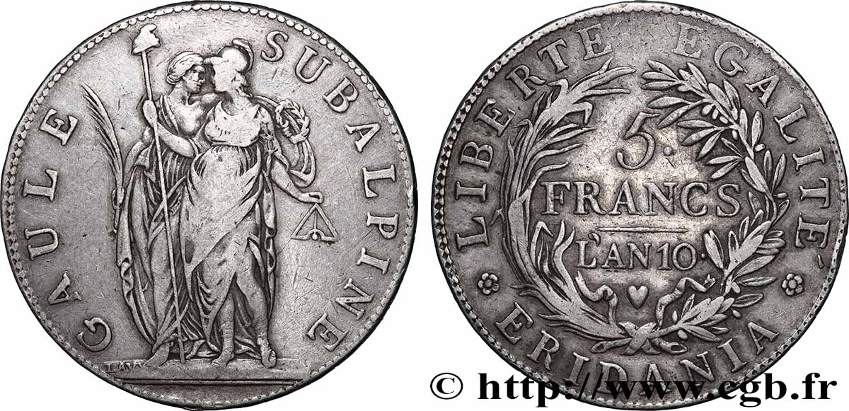 ITALIE - GAULE SUBALPINE 5 Francs an 10 1802 Turin TTB 