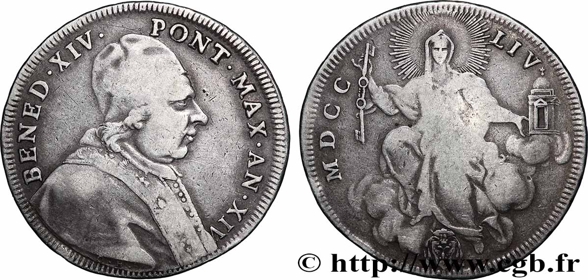 ITALIA - STATO PONTIFICIO - BENEDETTO XIV (Prospero Lambertini) 1/2 Scudo an XIV 1754 Rome q.BB 