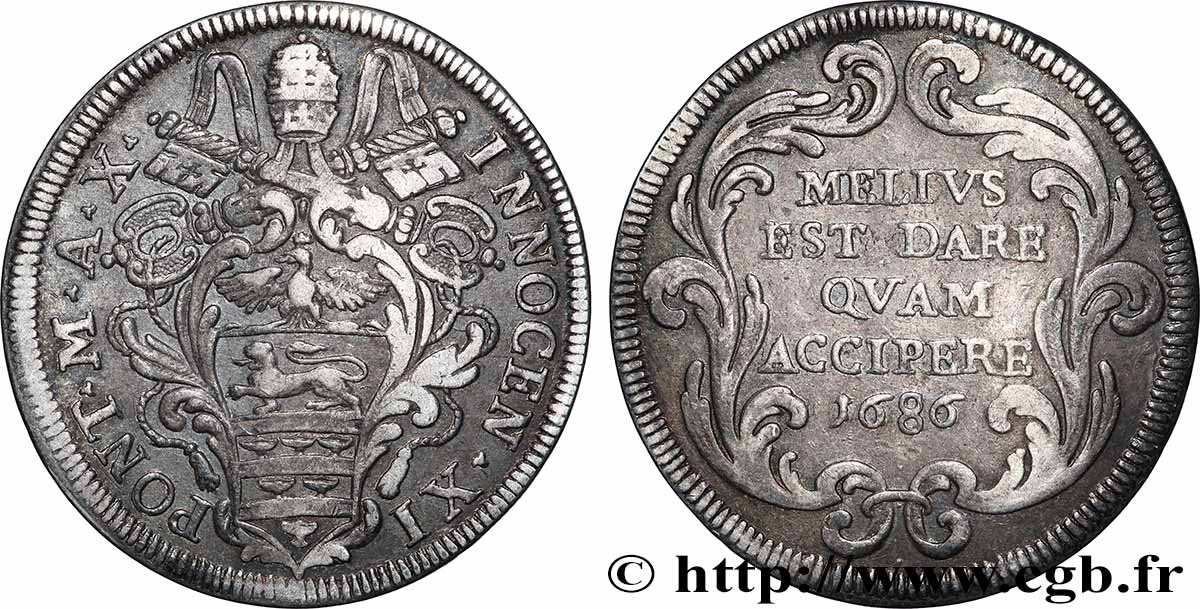 ITALIA - ESTADOS PONTIFICOS - INOCENCIO XI (Benedetto Odescalchi) Teston an X 1686 Rome MBC 