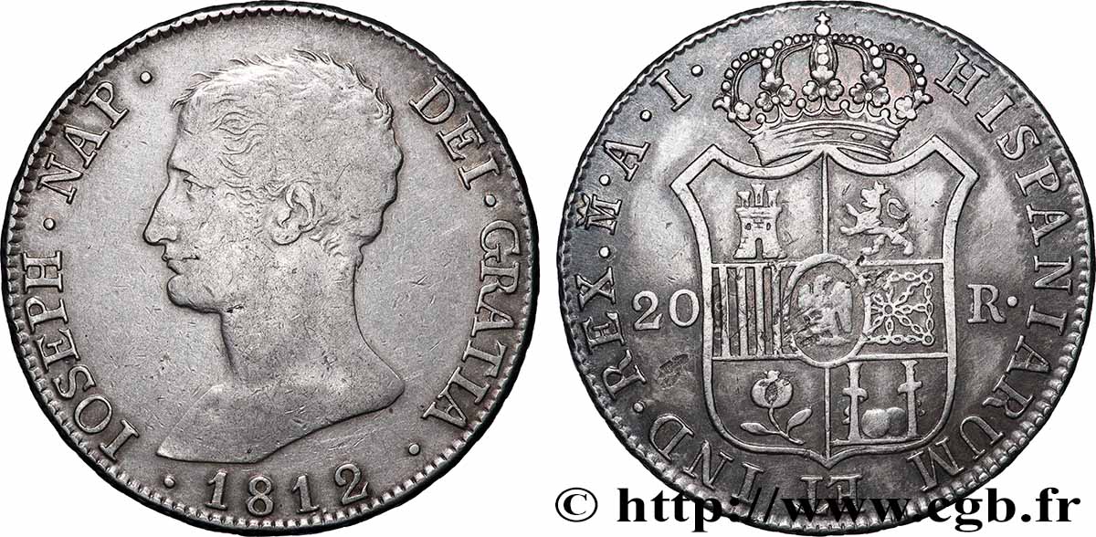 ESPAGNE - ROYAUME D&nbsp;ESPAGNE - JOSEPH NAPOLÉON 20 reales ou 5 pesetas 1812 Madrid TTB+ 