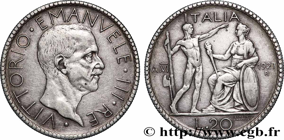 ITALY - KINGDOM OF ITALY - VICTOR-EMMANUEL III 20 Lire 1927 Rome  AU 