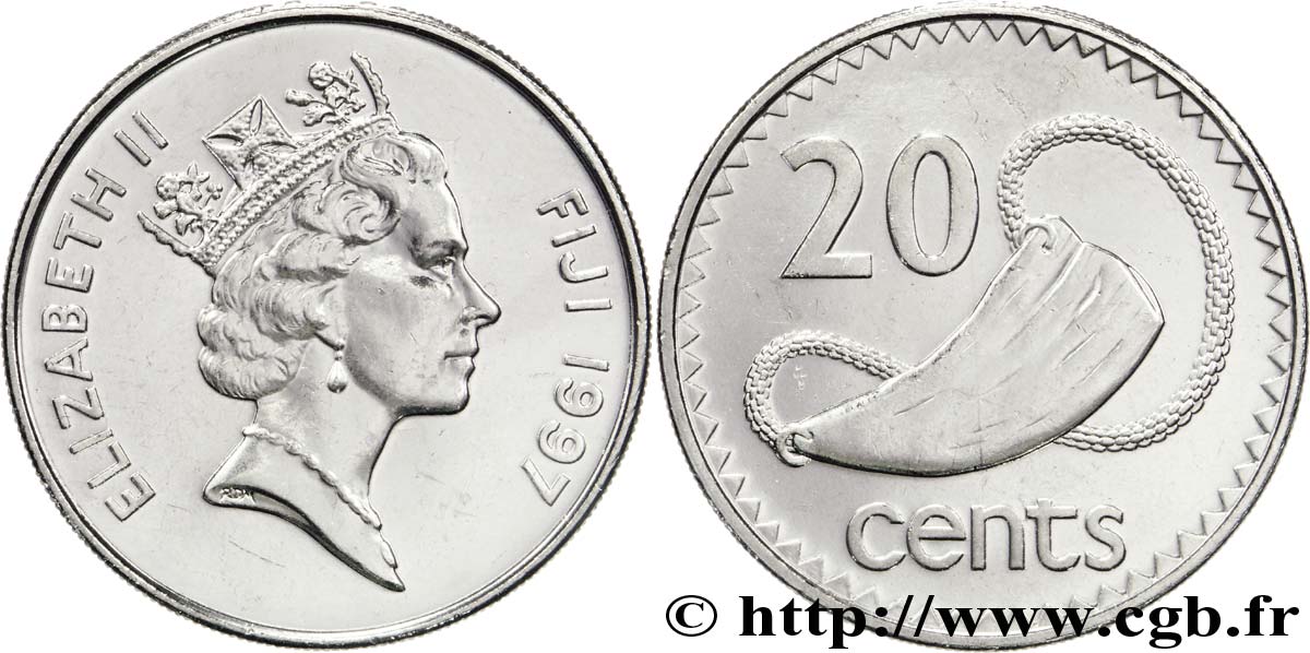FIDSCHIINSELN 20 Cents Elisabeth II / Tabua (dent de cachalot polie) 1997 Royal Mint, Llantrisant fST 