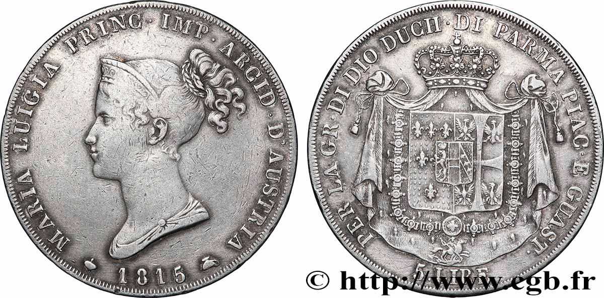 ITALIA - DUCADO DE PARMA PIACENZA Y GUASTALLA - MARÍA LUISA DE AUSTRIA 5 Lire 1815 Milan MBC 