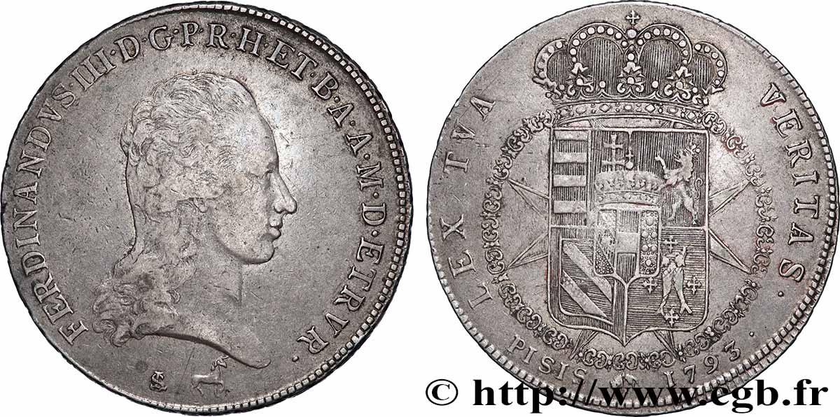 ITALIE - GRAND DUCHÉ DE TOSCANE - FERDINAND III DE LORRAINE Francescone d’argent 1793 Florence TTB 