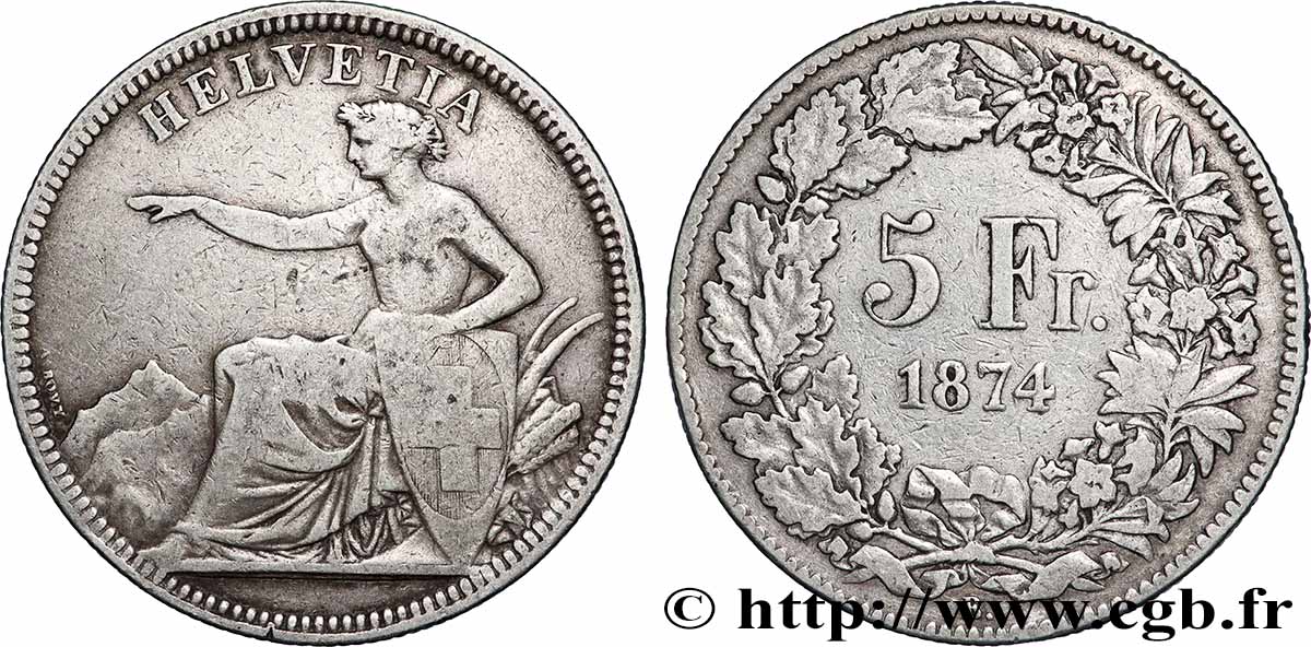 SUISSE 5 Francs Helvetia assise 1874 Bruxelles TTB 